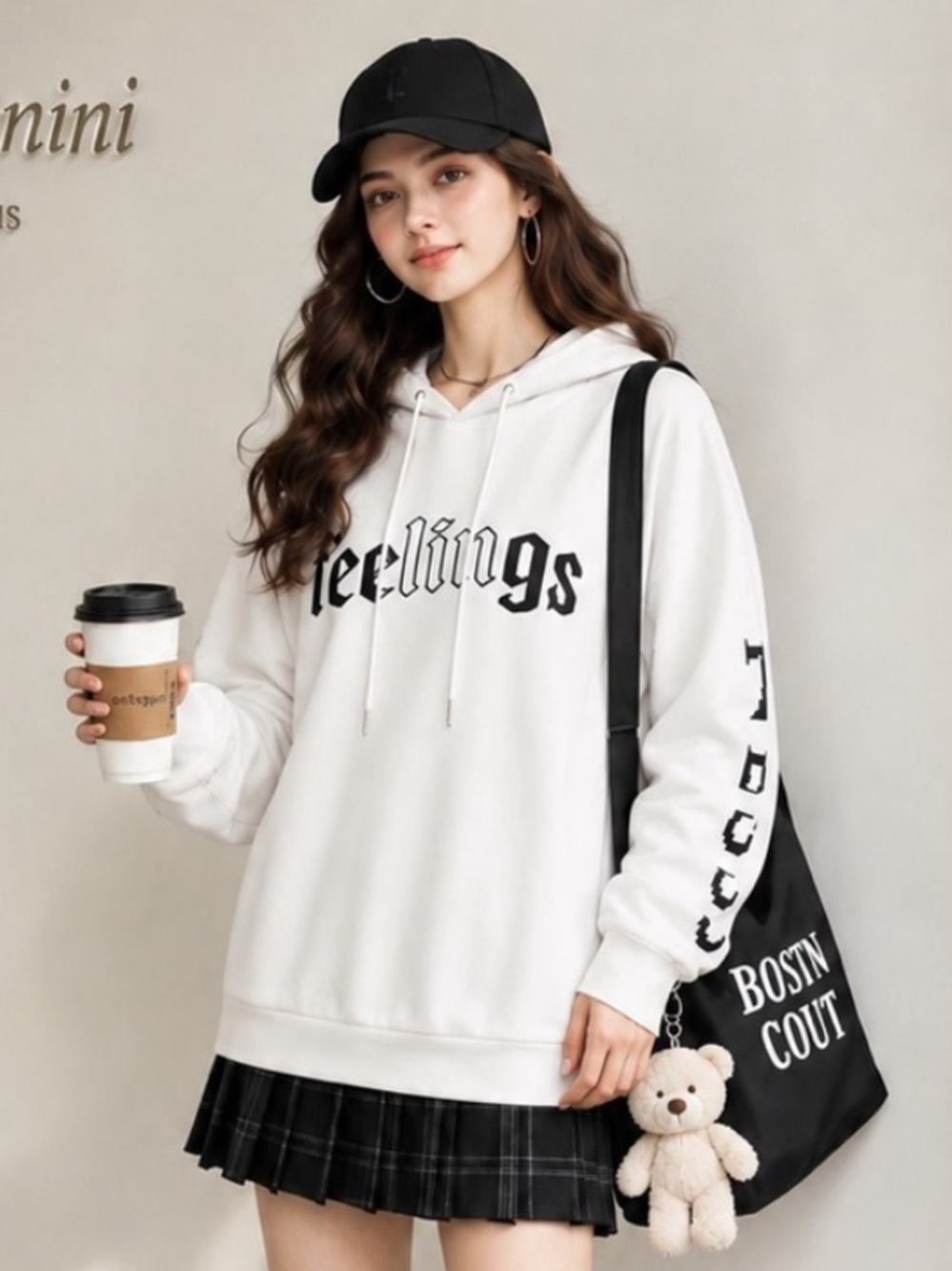 Bershka Women's White feelings Graphic Sleeve Pullover Hoodie